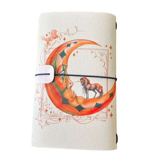 Orange Moon with Unicorn Magical Faux Leather Reusable Travelers Notebook 8x4.5” - Picture 2 of 8